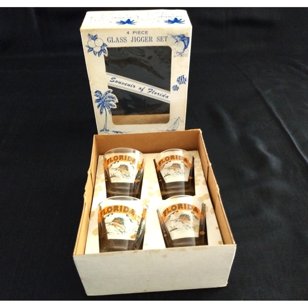 Florida Souvenir Shot Glasses Vtg Carrib Set of 4 Original Box Marlin Sunshine